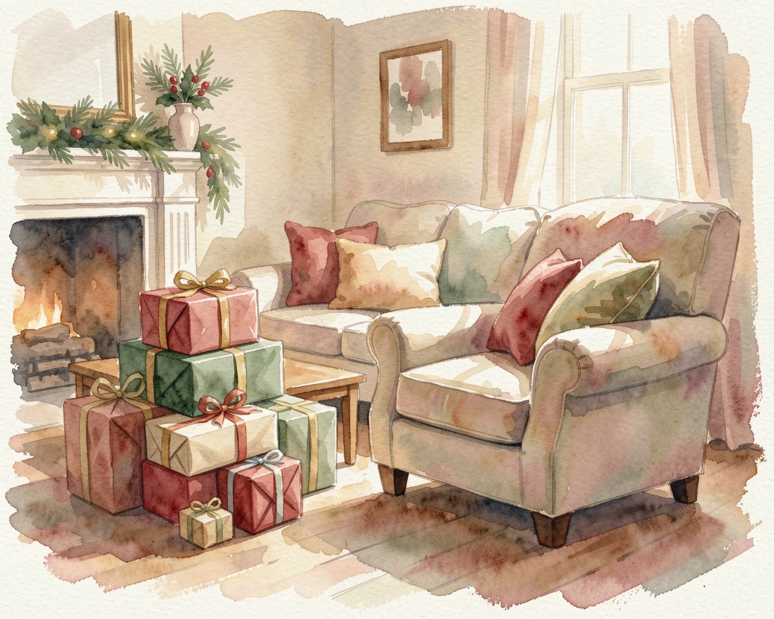 A living room decorated for the holidays with a stack of wrapped gifts nearby.