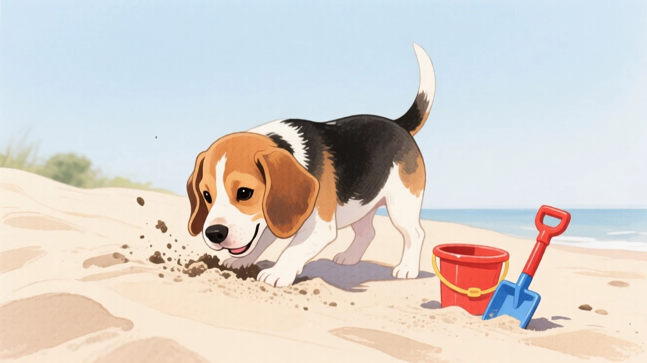 A beagle puppy digs happily in a sandy beach dune, a bucket and shovel lying beside it