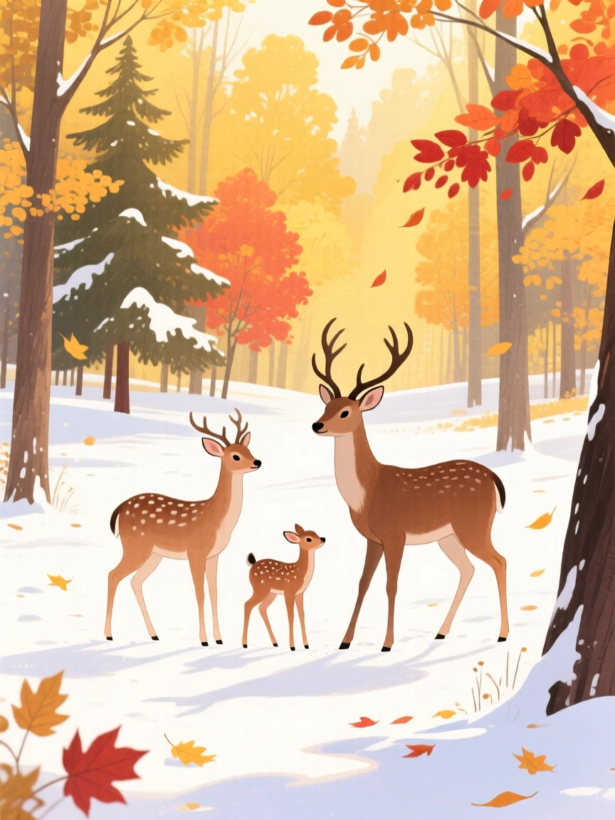 A family of deer in a snowy clearing exploring a golden autumn woodland on a crisp autumn afternoon.