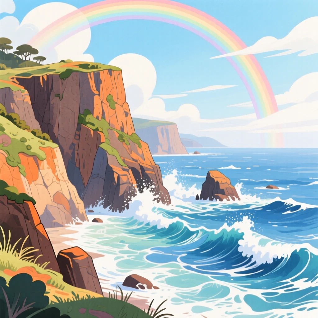 A dramatic coastline with cliffs meeting crashing waves, with a rainbow arching softly overhead, radiating natural splendor and tranquility.