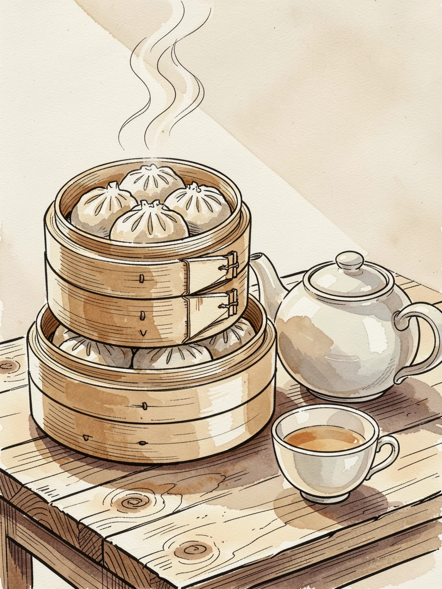 A stack of fluffy dim sum baskets steaming beside a pot of tea, sunlight streaming across the table, highlighting every texture.