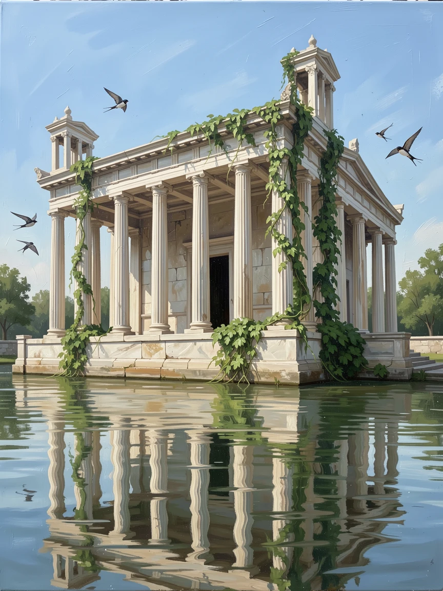 Beside a moat reflecting its weathered stone walls, a classical marble temple with towering columns, ivy climbing across its weathered stone facade, on a clear summer day with swallows circling the towers.