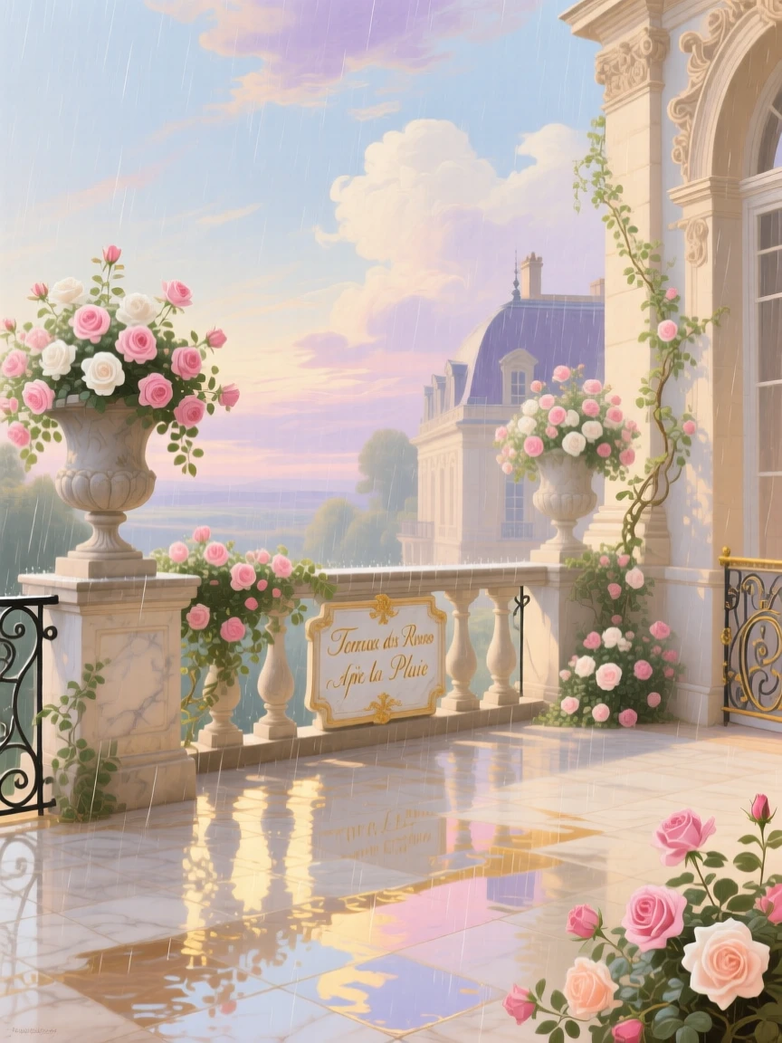 A palace terrace after rain with glowing puddles and overflowing roses  