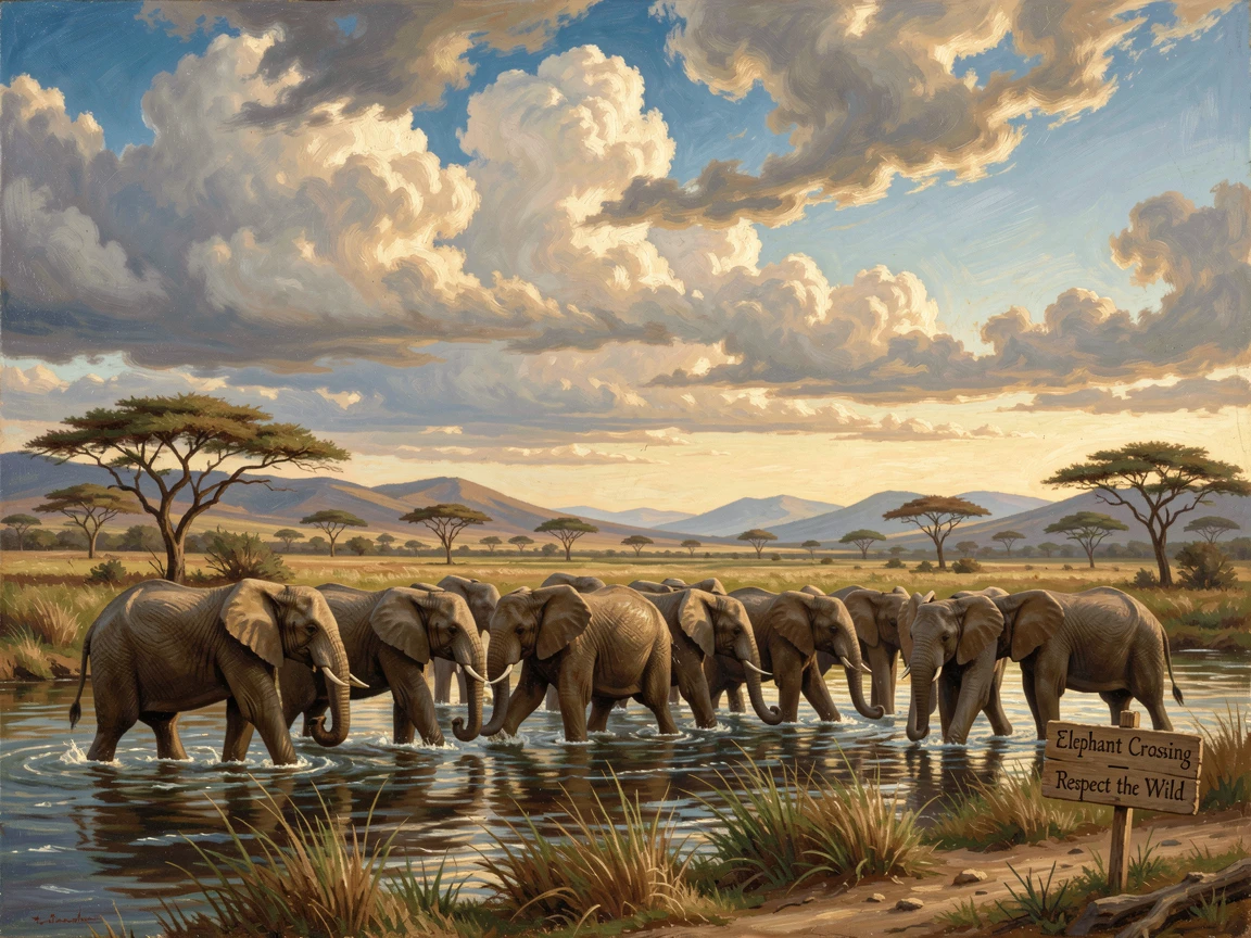 An elephant herd crosses a river beneath a wide African sky.