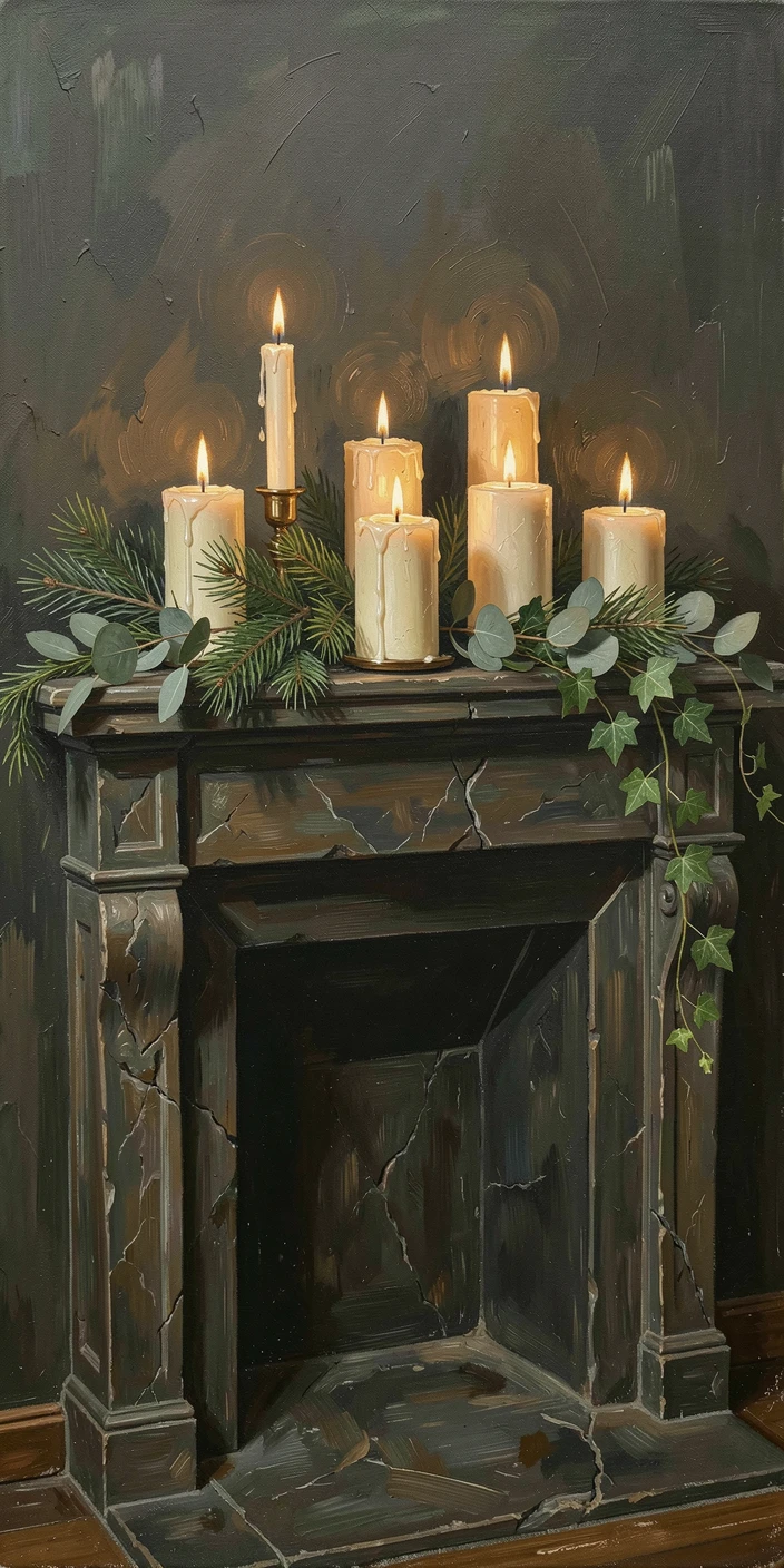 A grand fireplace mantle decorated with candles and fresh greenery, with a timeless, refined composition throughout, evoking elegance, refinement, and quiet luxury