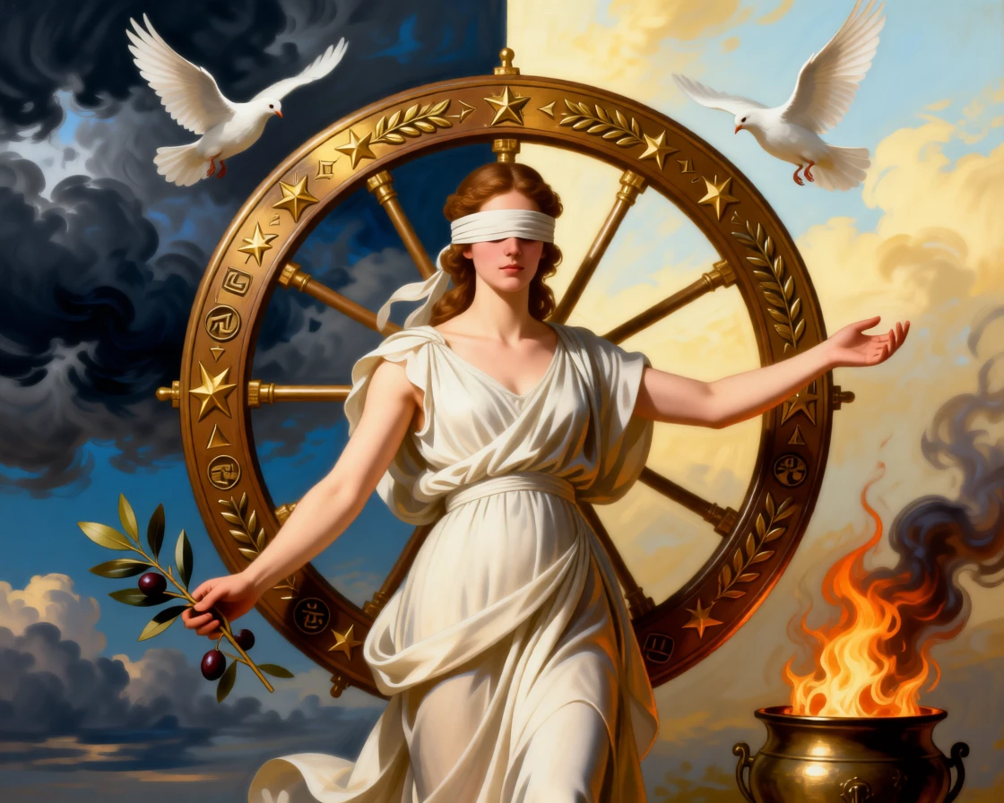 A blindfolded figure representing Fortune spinning her great wheel in a gesture that speaks to all of humanity, set beneath a sky divided between storm and radiant light, with doves, olive branches, or flames rendered as carriers of deeper meaning; contrasting light and shadow divide the canvas into meaningful halves, evoking profound meditation on fate, virtue, and the human condition.