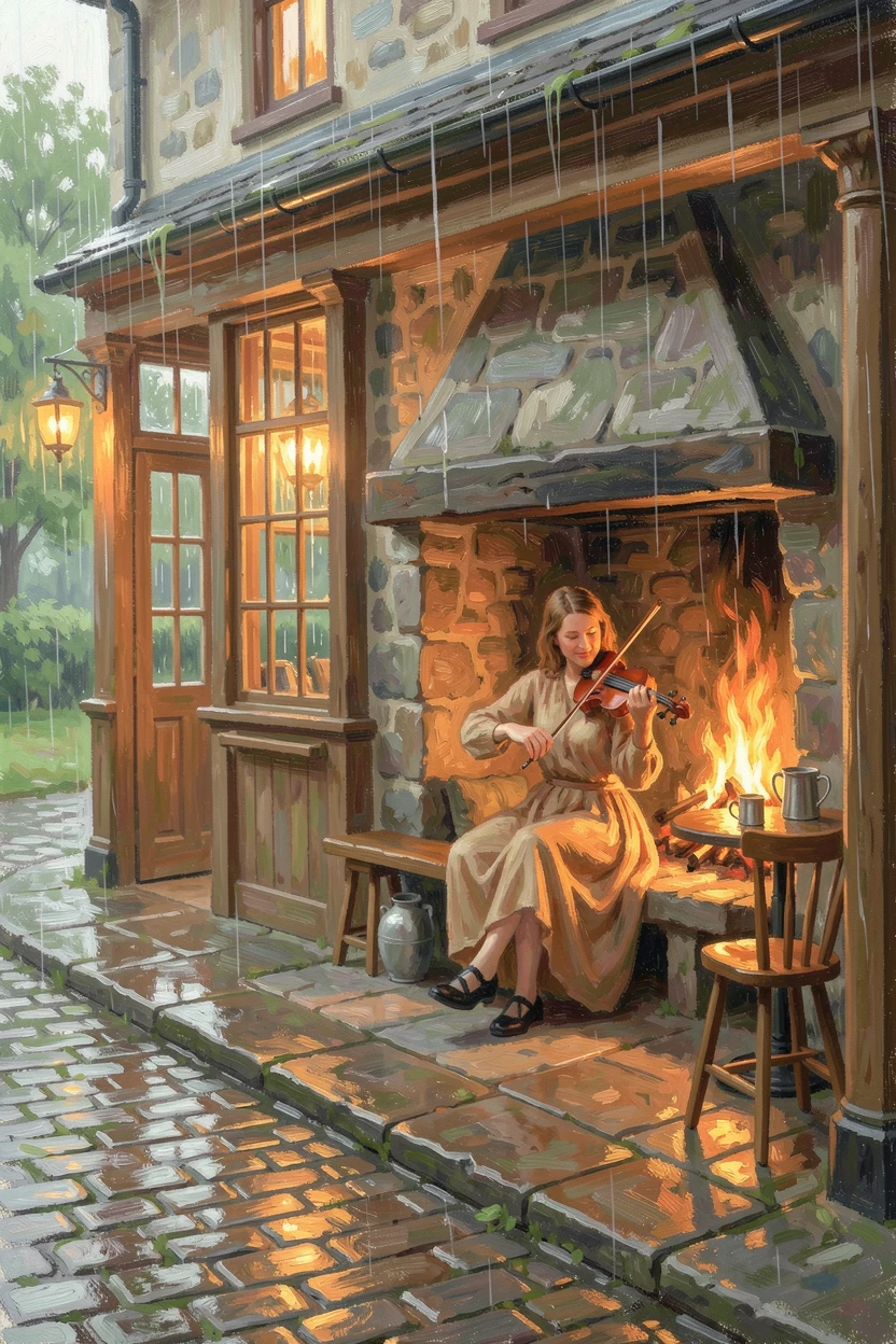 A traditional Irish pub with a fiddler playing beside a crackling peat fire on a rainy evening, during the height of summer, radiating joy and gentle celebration.