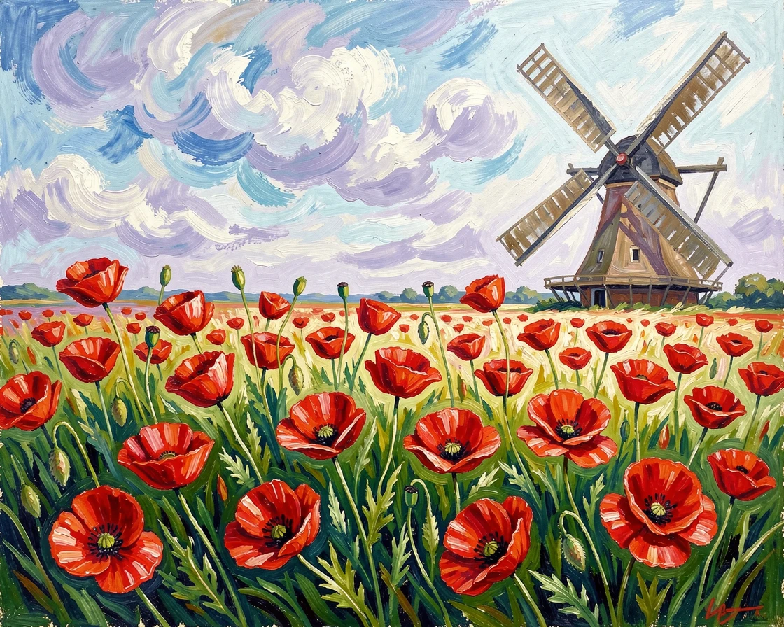 A poppy field swaying gently beneath a windmill on a breezy afternoon.