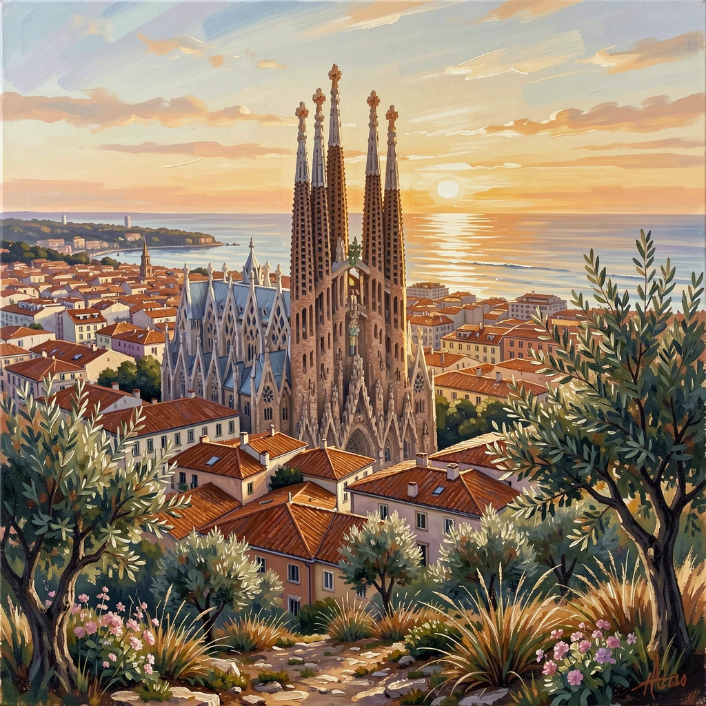 A dramatic view of Barcelona shows Sagrada Familia's spires rising above terracotta rooftops, the Mediterranean glowing at sunset in the distance, as a light breeze stirs the surrounding vegetation and carries the scent of damp earth.
