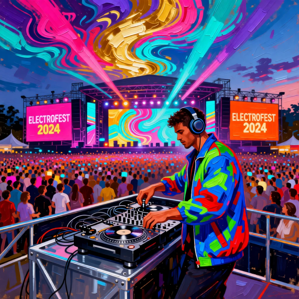 A DJ performing for a massive crowd beneath swirling colorful stage lights