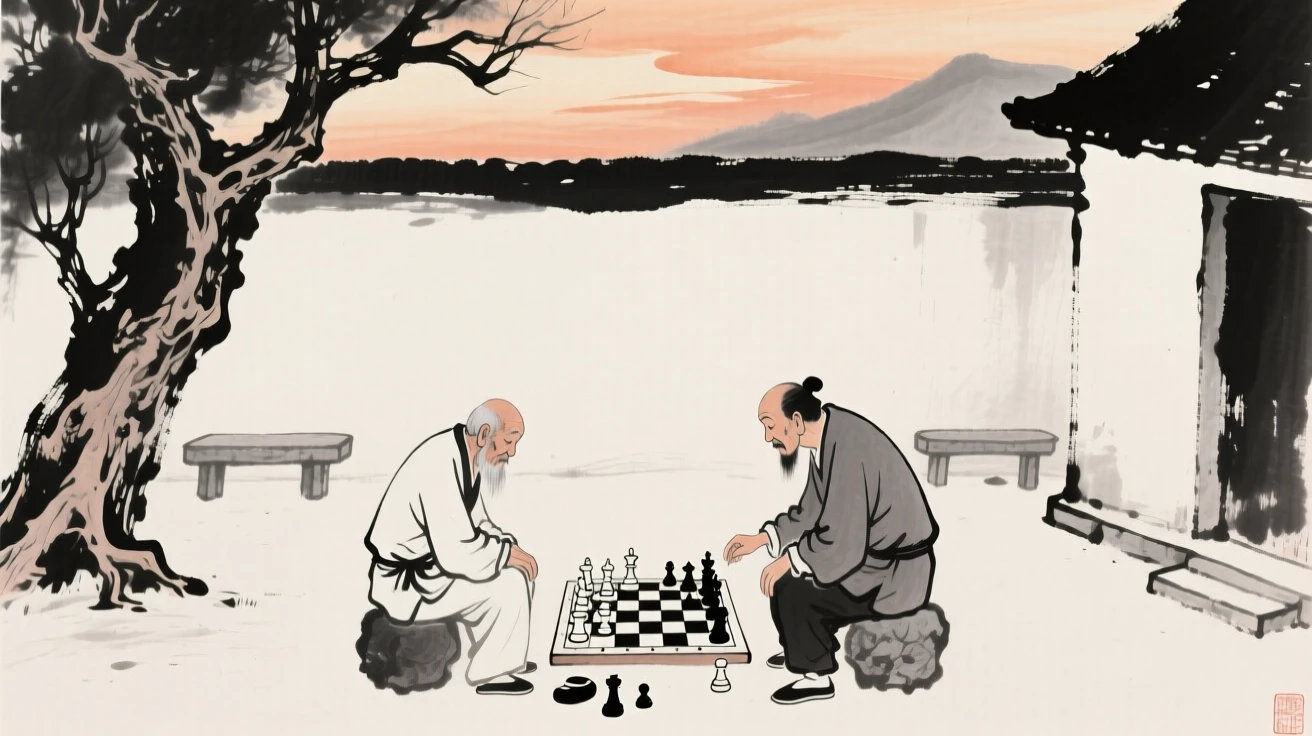 An old man plays a quiet game of chess with a neighbor in a courtyard, beneath a sky tinged with the warm colors of evening.