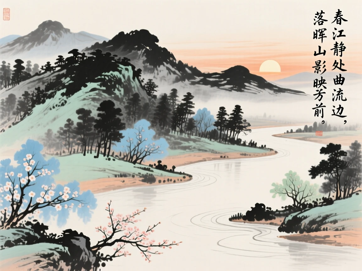 A quiet cove where a river bends around a wooded hill, as spring blossoms unfold, as the sun sets behind distant peaks.