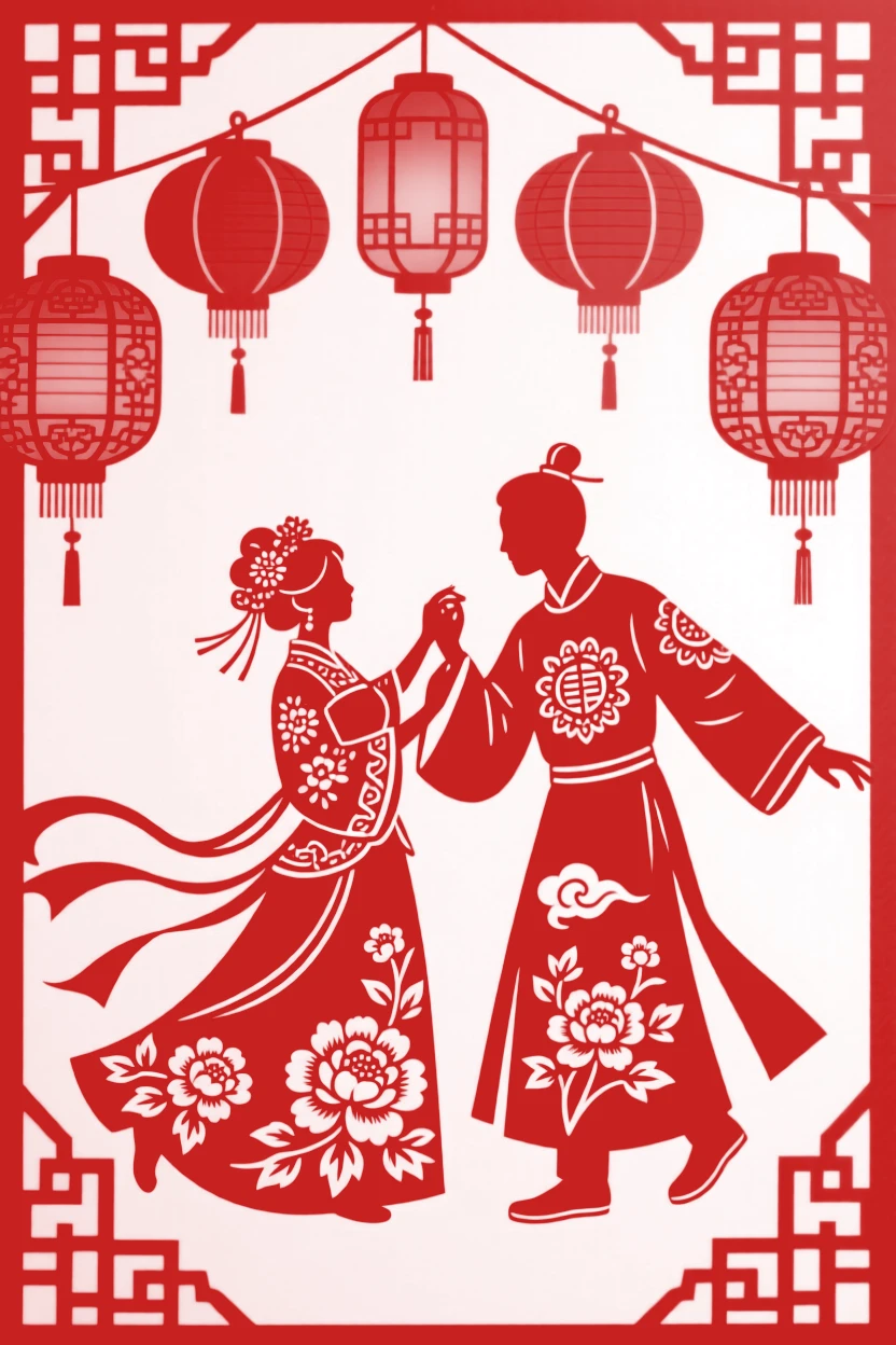 Newlyweds dancing together beneath strings of red lanterns, red lanterns glowing warmly in the background.