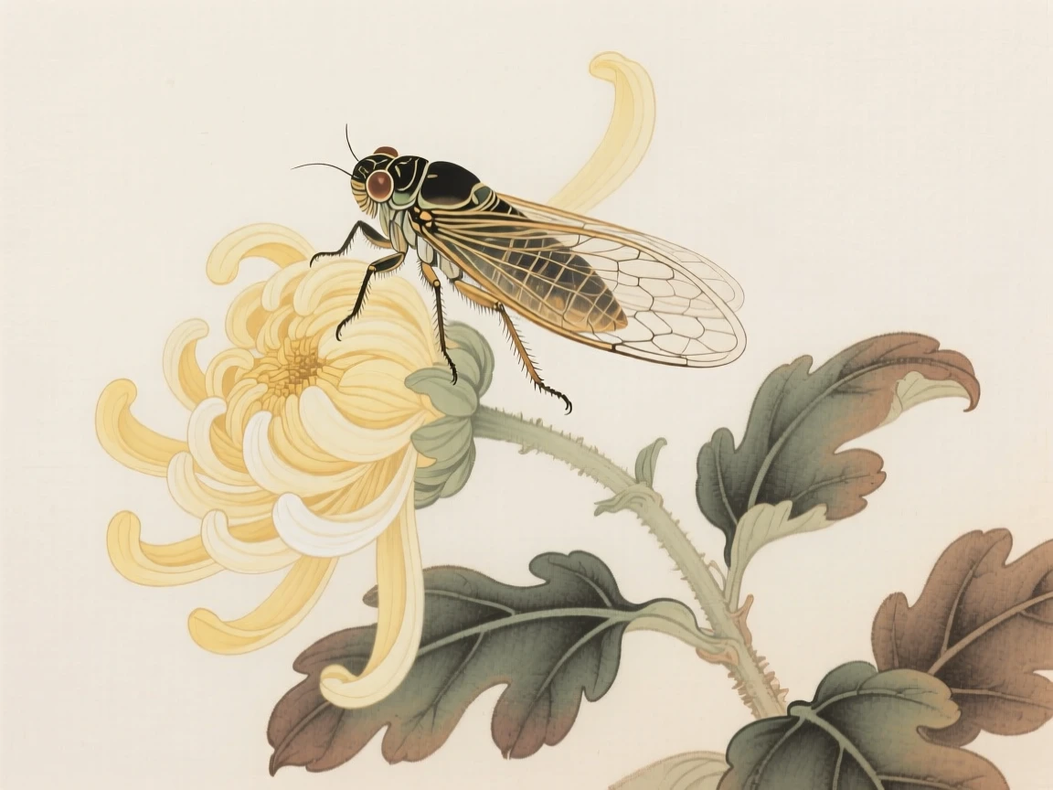 A cicada on the edge of a chrysanthemum bloom