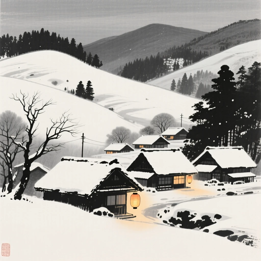 A quiet winter morning after fresh snowfall in a quiet mountain village, composed with warm lantern light glowing against a cool evening, capturing the quiet magic of a changing season.