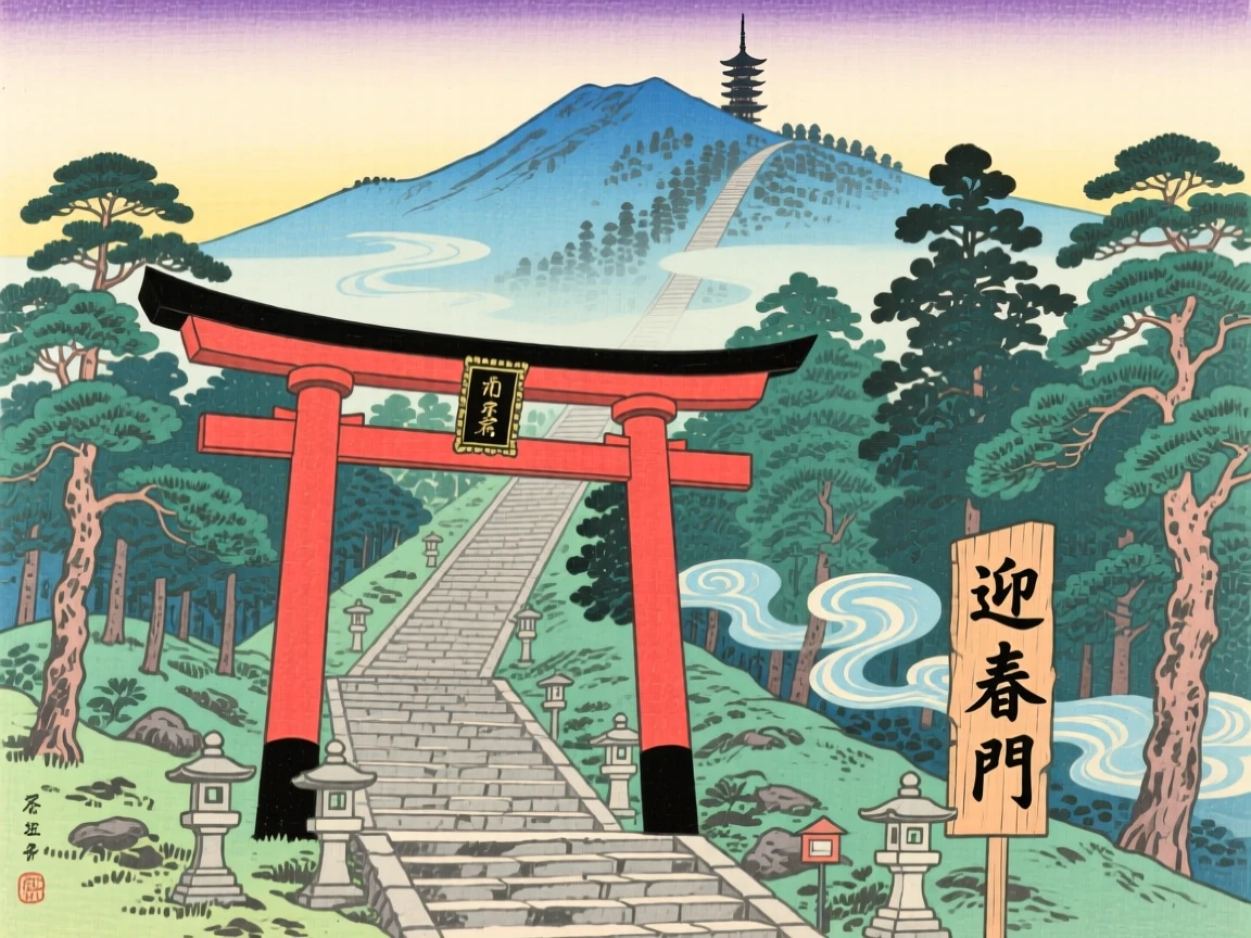 A grand temple gate climbing through a forest toward the summit.