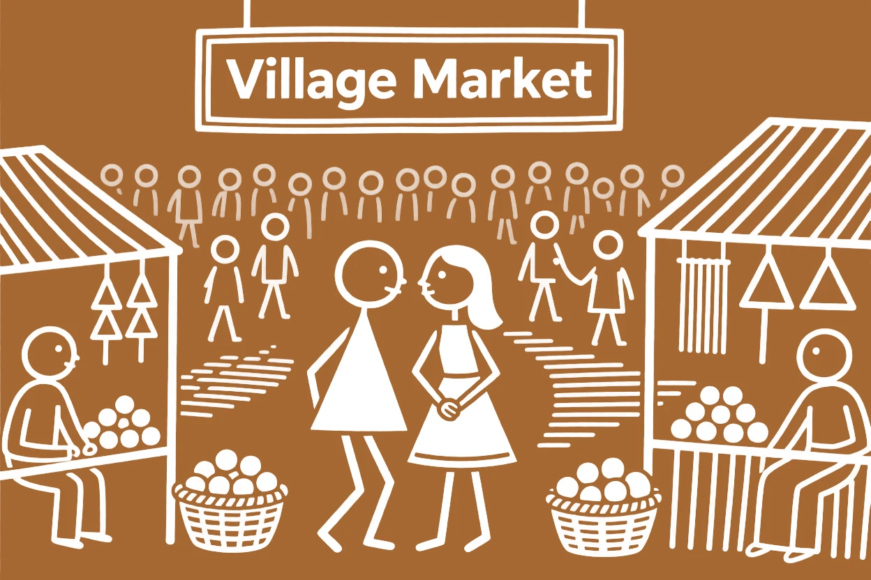 A shy pair of lovers exchanging a gentle glance across a crowded market.