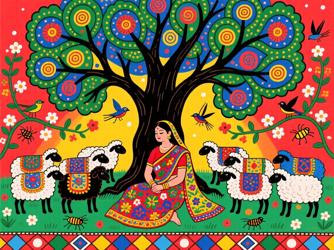 A shepherdess resting with her flock beneath a lone oak tree.