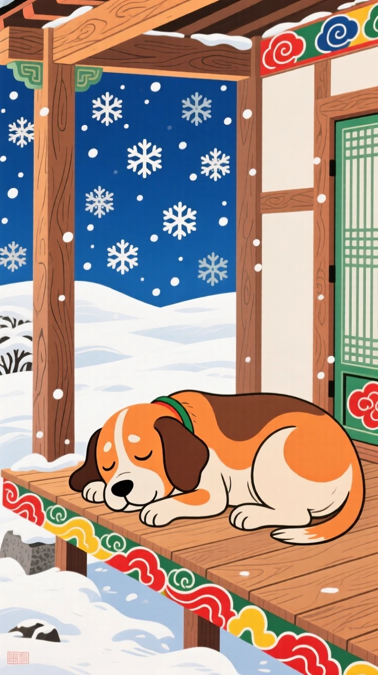 A sleepy old dog watching snow fall from a porch.