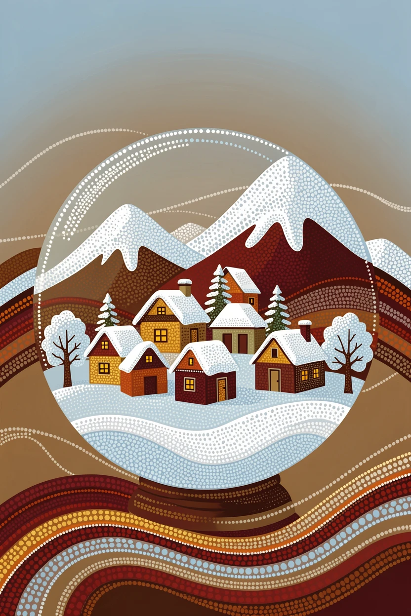 A snow globe village nestled in winter mountains