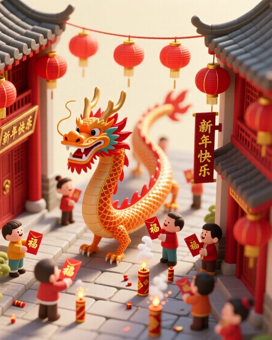 A Lunar New Year celebration with a dragon dance winding through a lantern-lit street, firecrackers popping and red envelopes exchanged.