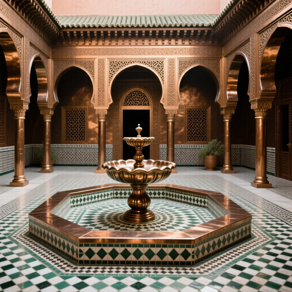 A traditional moroccan riad with a tiled courtyard fountain, rendered with striking symmetry and scale, exuding timeless grandeur