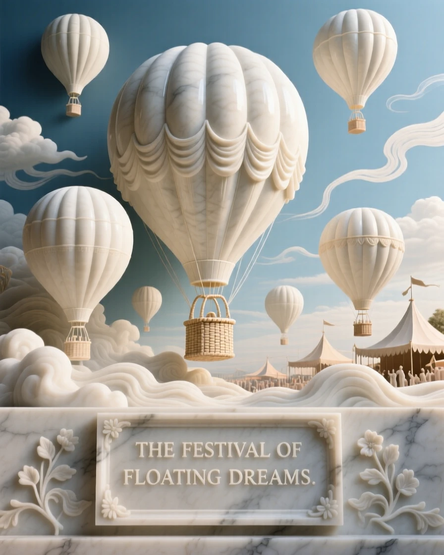 An evocative depiction of a hot-air balloon festival filling the sky with color, surrounded by soft, glowing light, balancing detail with emotional depth