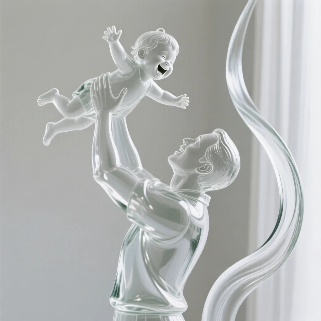 A parent lifting a laughing child high into the air as a soft breeze stirs the curtains nearby, while quiet joy fills the space between them