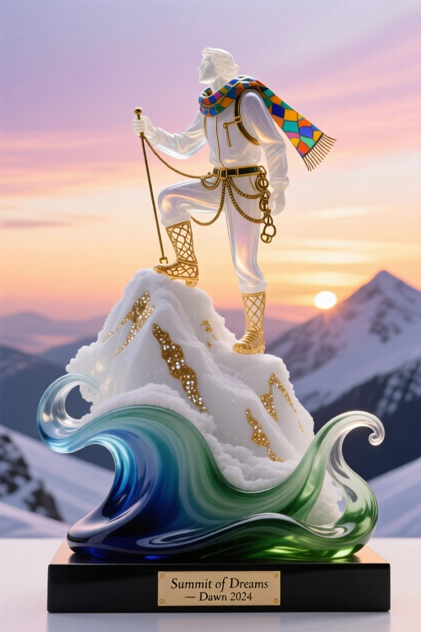 A lone climber standing triumphant atop a snow-capped peak at dawn, adventurous and inspiring.