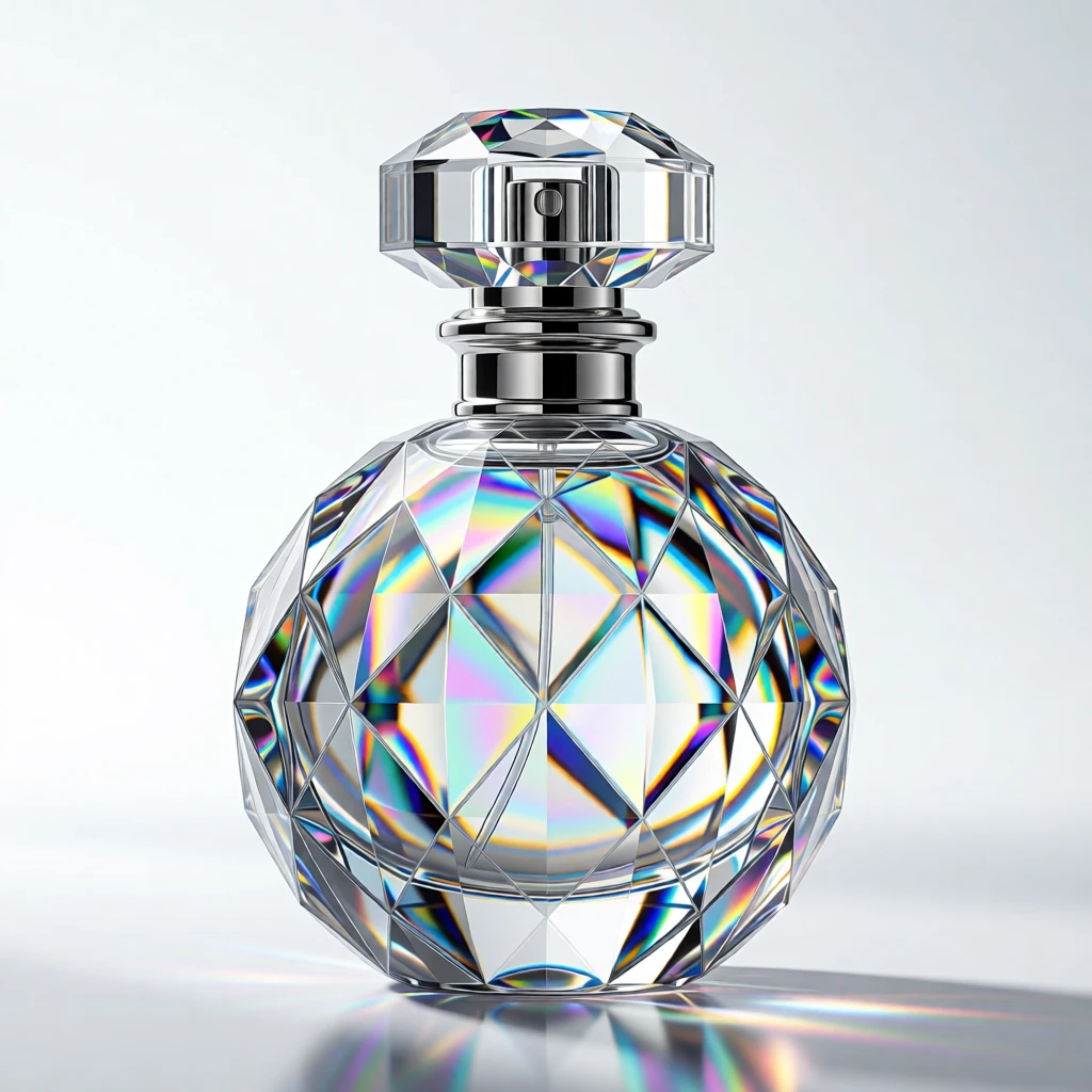A luxurious perfume bottle with an elegant crystal stopper, backlit dramatically.