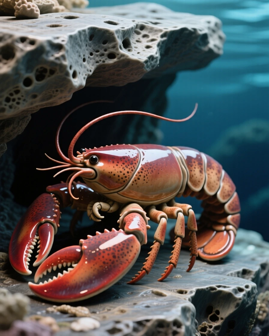 A lobster resting beneath a rocky ledge gliding in a slow, elegant spiral, with light rippling across its skin, evoking the vast serenity of the ocean.