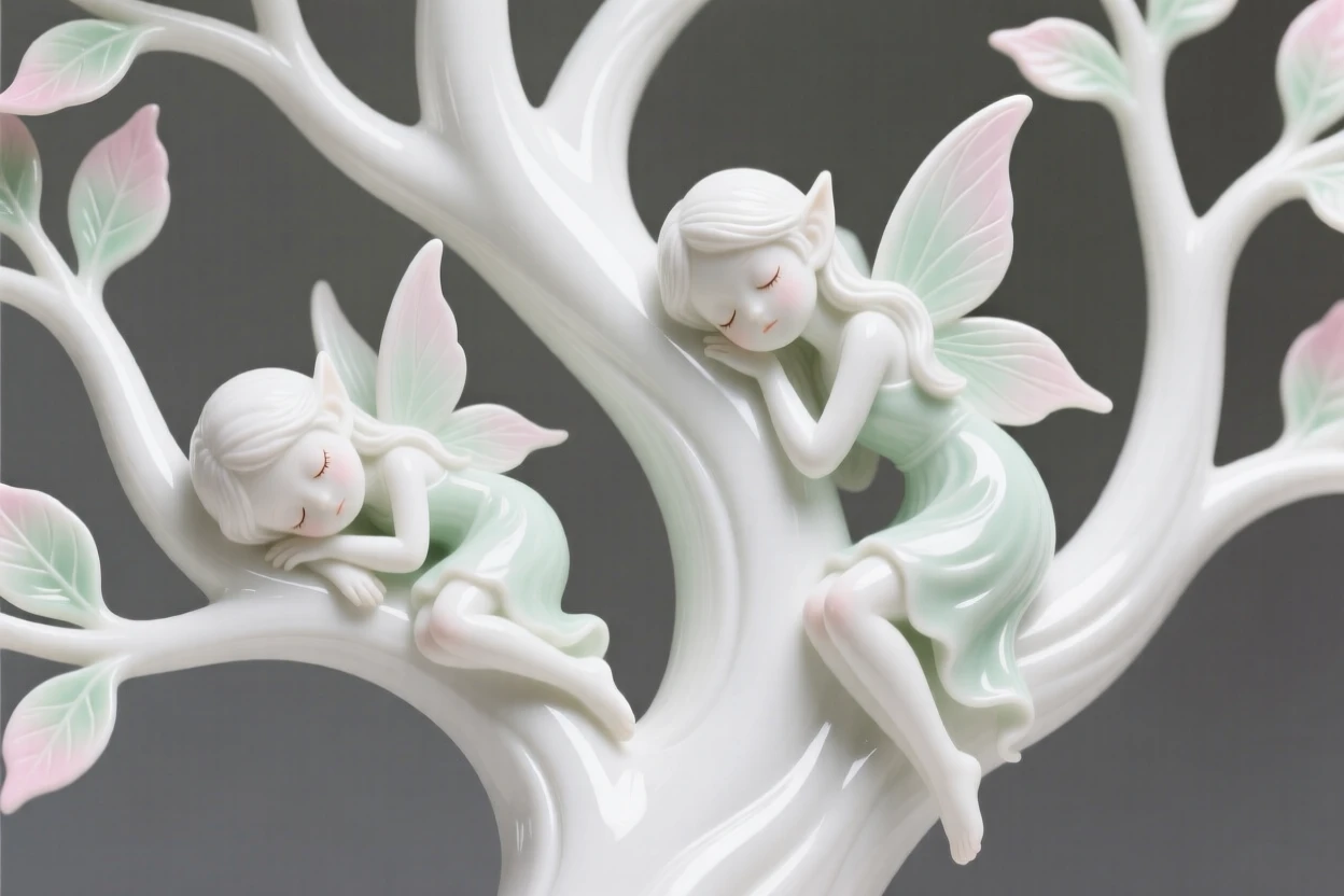 A magical tree whose branches hold sleeping fairies, a sense of quiet wonder filling the scene.