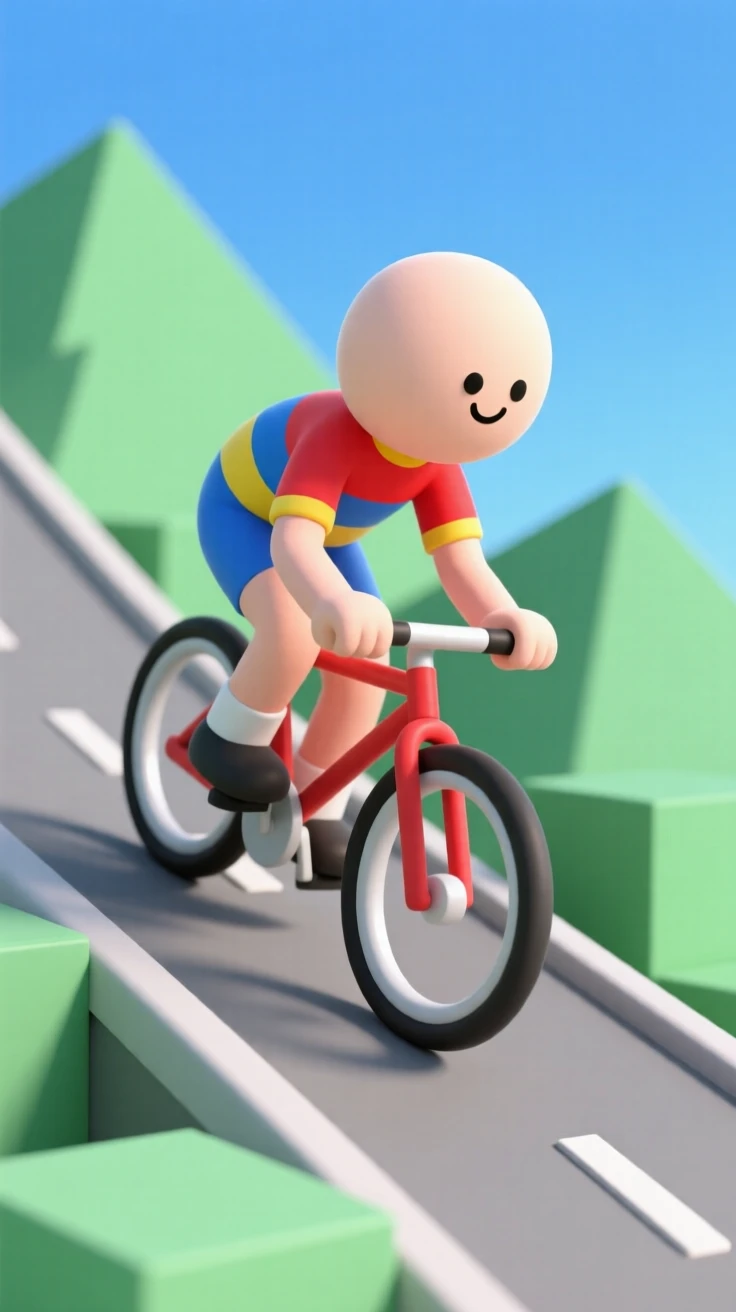 A determined cyclist pedals hard up a steep mountain road, muscles straining beneath a colorful jersey.