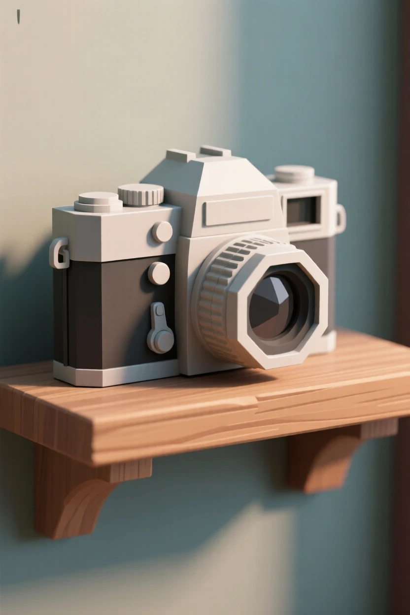 An antique camera resting on a wooden shelf, in the soft glow of candlelight. fine textures and material details are clearly visible. The scene feels nostalgic and quiet.