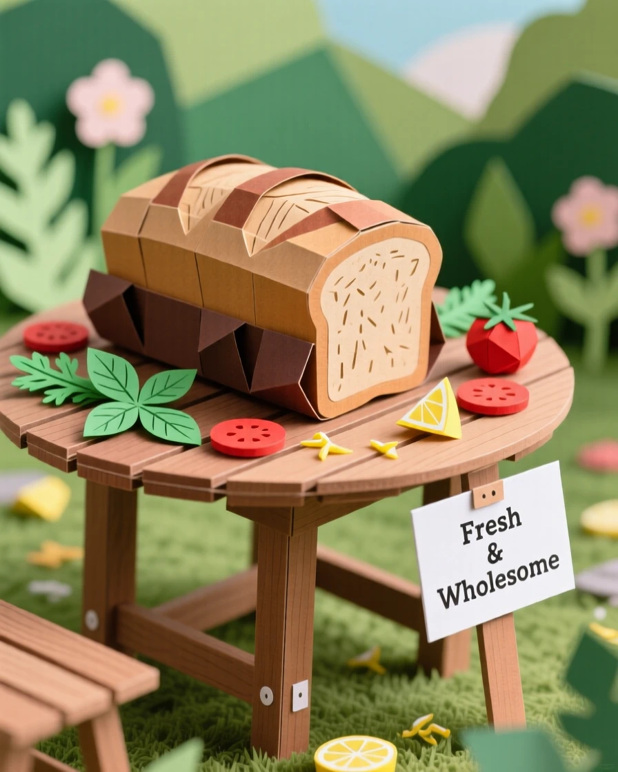 A rustic loaf of artisan bread served at an outdoor garden table, with vibrant garnishes adding a pop of color, conveying fresh, wholesome appeal.