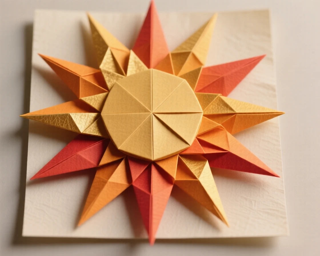A stylized sunburst pattern with layered rays in warm gradient tones.