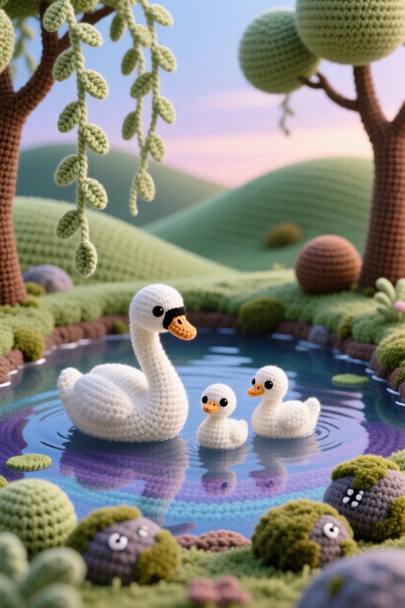 A picturesque scene featuring a small hidden pond ringed by weeping willows, reflecting the soft evening sky, home to a family of swans framed by distant rolling hills, accompanied by a cluster of soft mossy rocks, capturing quiet wonder at the wild world.