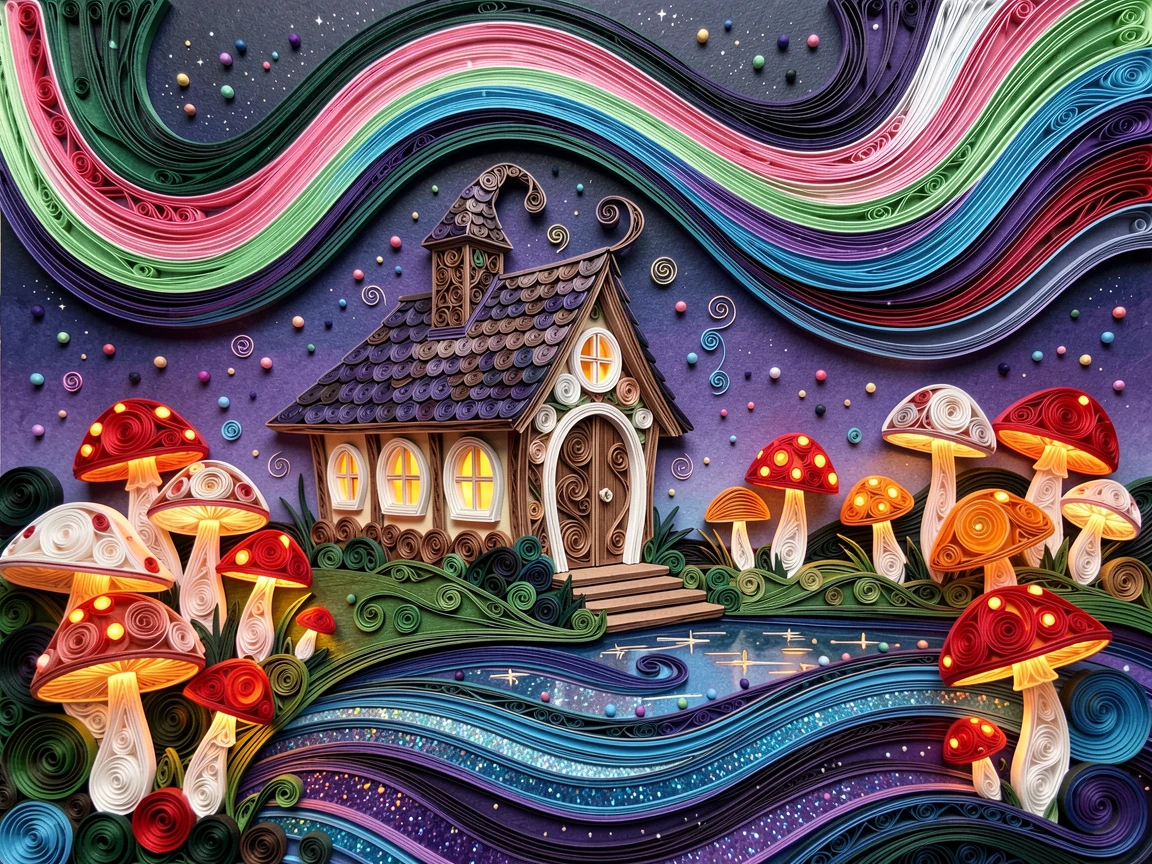 A magical fantasy scene of a witch's cottage nestled among glowing toadstools on the shore of a starlit magical lake, under a sky painted in shifting aurora colors, composed with swirling magical particles filling the air.