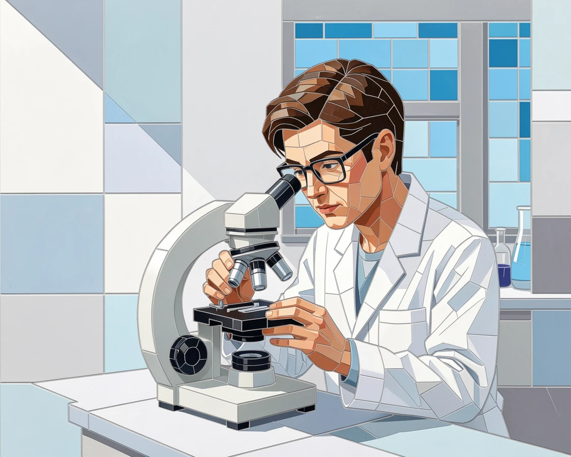 A scientist peering thoughtfully through a microscope in a bright lab.