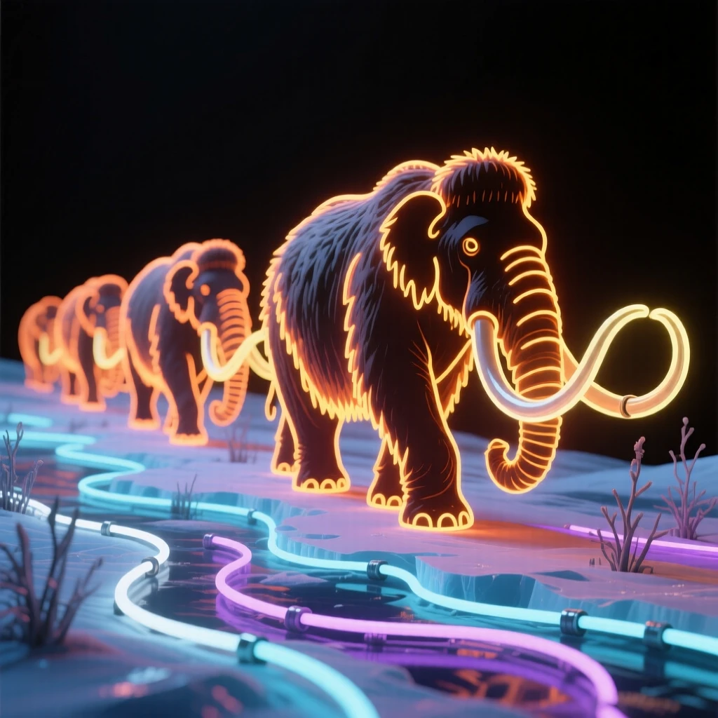 A woolly mammoth herd trudging through an ice age landscape.