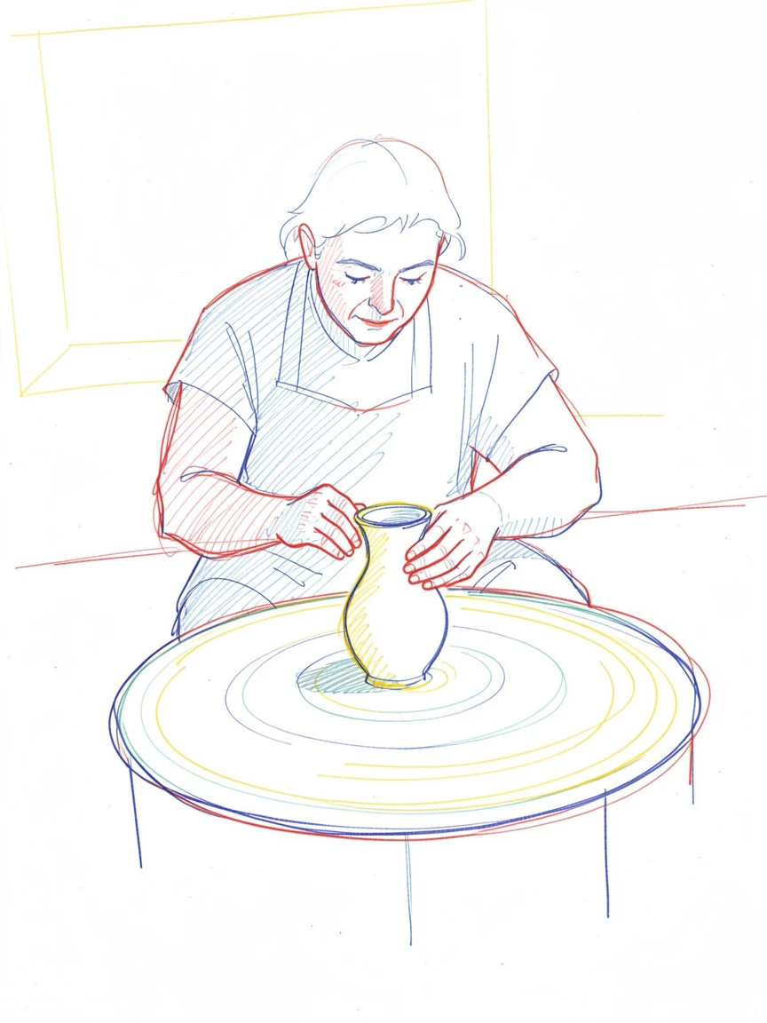 A potter shaping a delicate vase on a spinning wheel