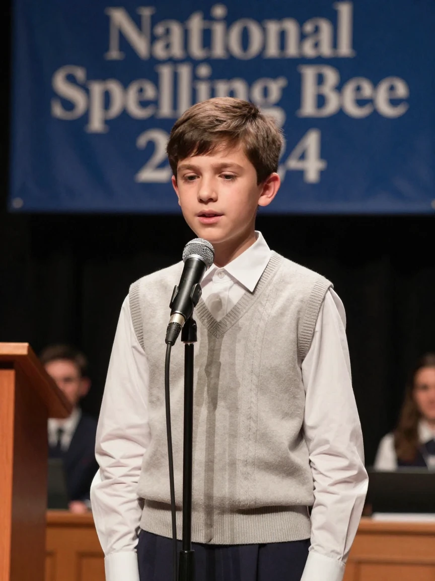 A spelling bee contestant focused at the microphone