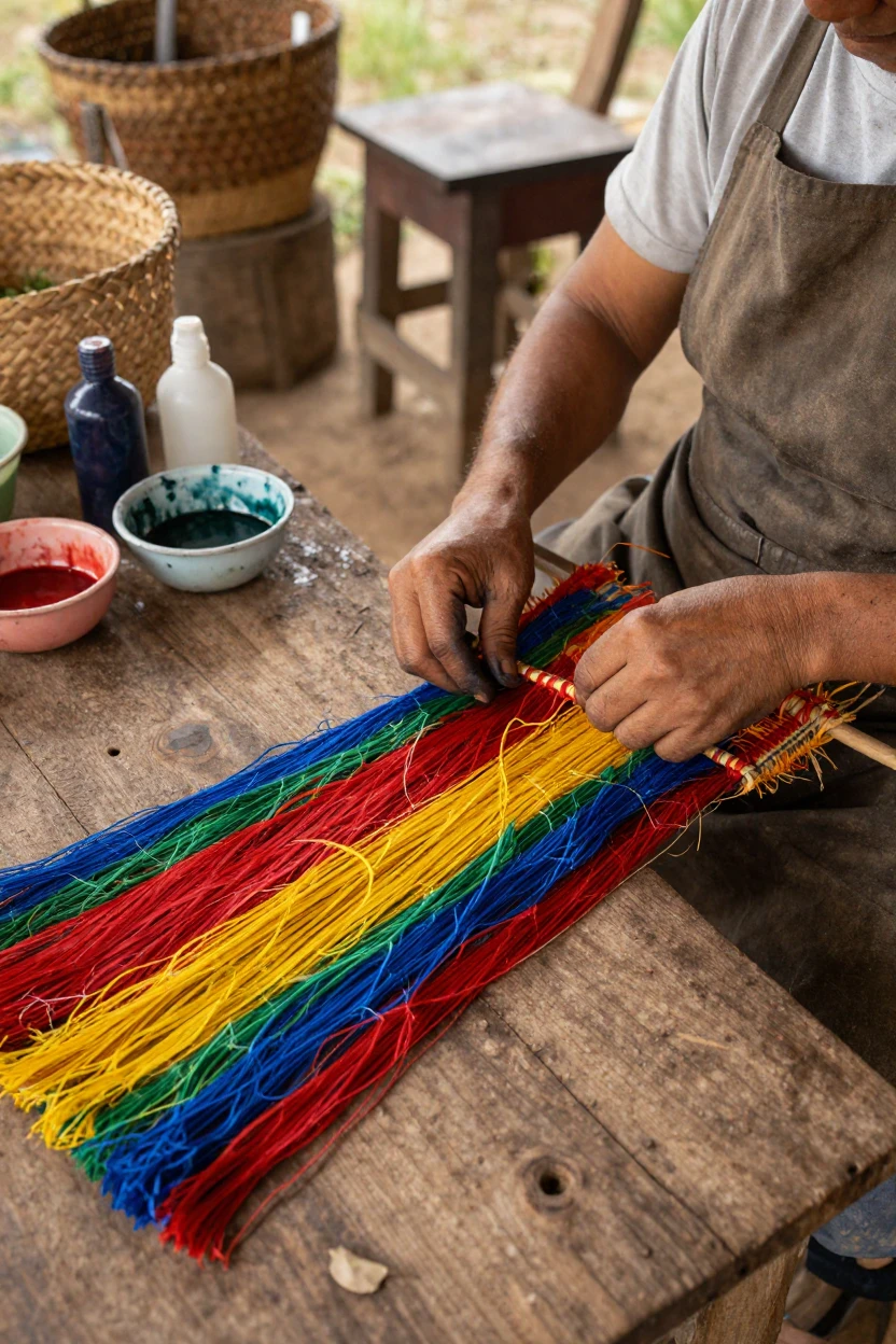 A basket weaver dyes strands of raffia in bright colors laid out to dry.