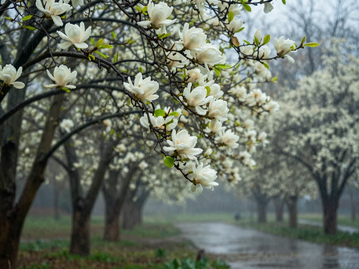 A grove of blooming magnolia trees bending under a gentle spring rain