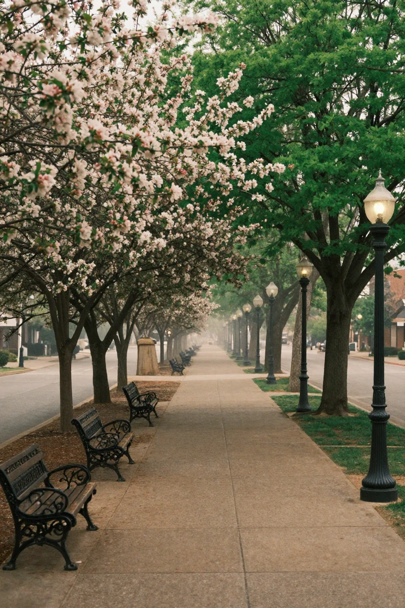 A tree-lined boulevard with wrought-iron benches and old streetlamps, in soft window light, as mist rises off the ground, as spring blossoms unfurl, with deep emerald greens and browns, shot from directly overhead.