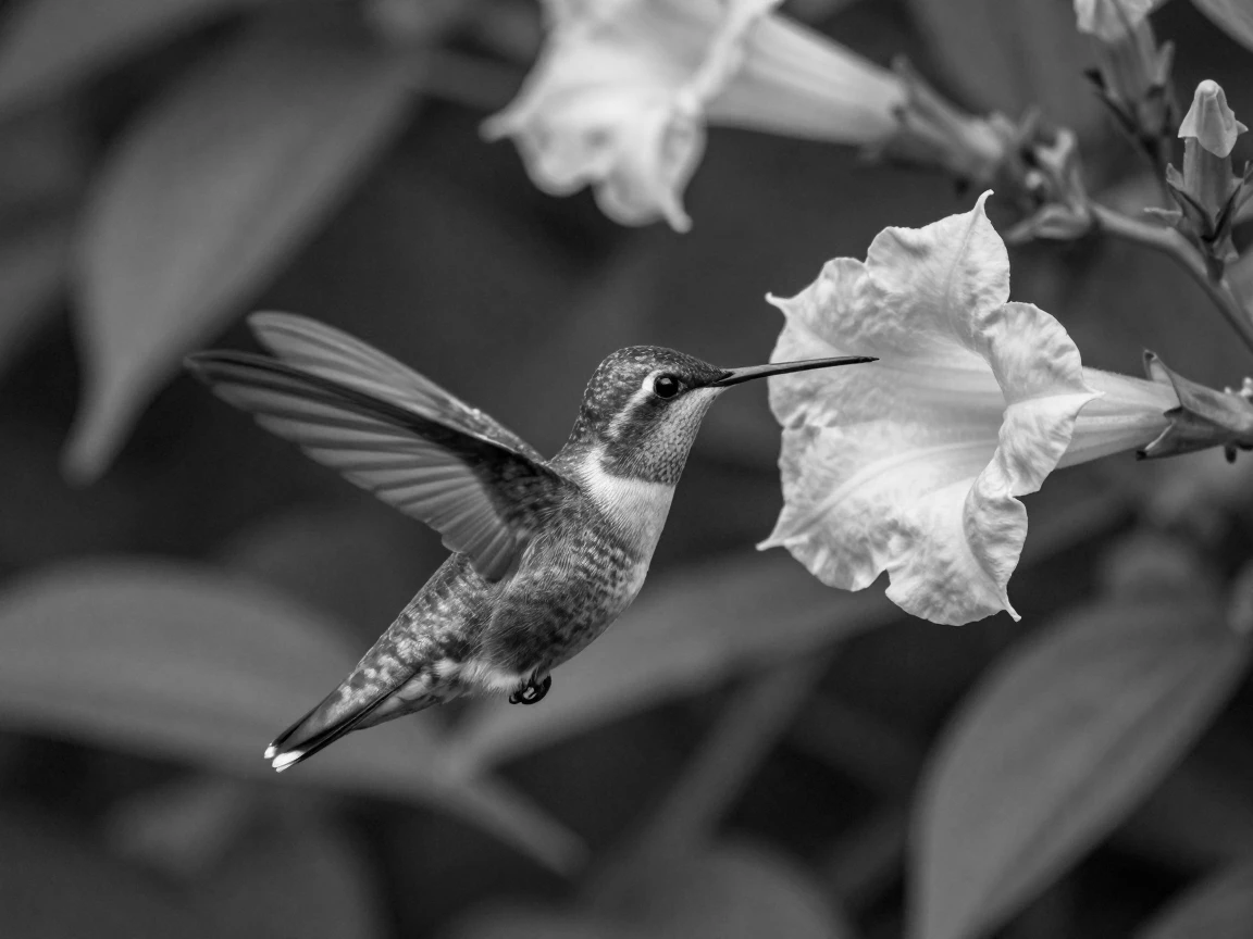 A hummingbird hovers beside a blooming trumpet flower in a lush botanical garden.