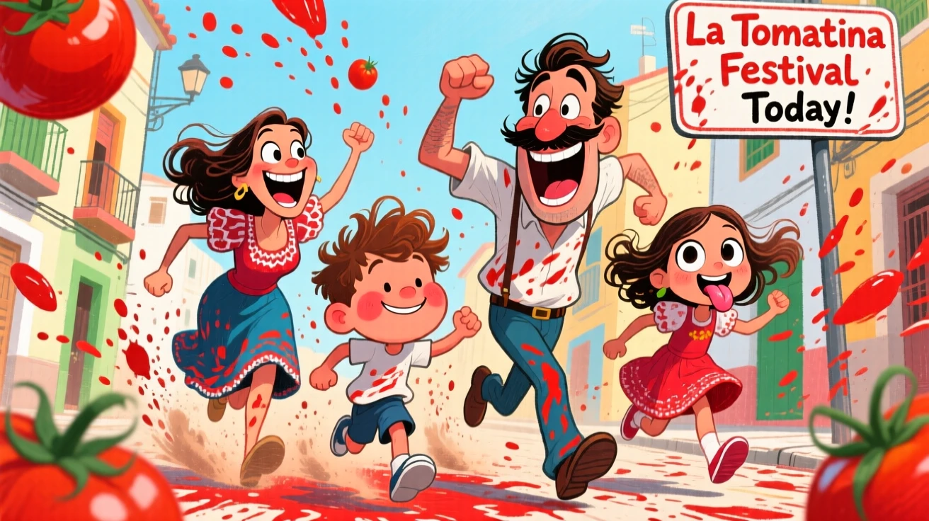 A Spanish family running joyfully through the streets during La Tomatina festival.