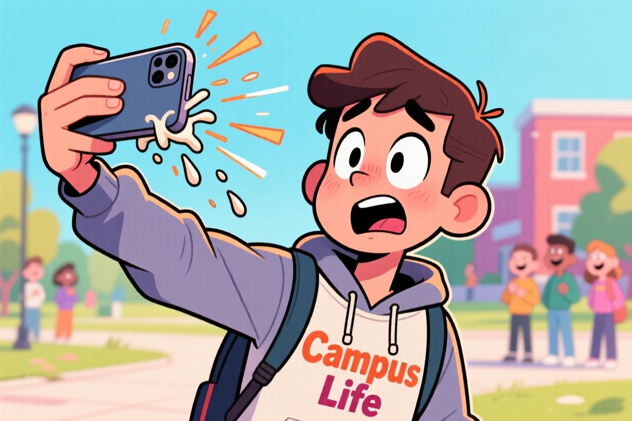 A funny expressive moment showing a college student attempting a selfie that goes hilariously wrong, with a sheepish grin afterward.