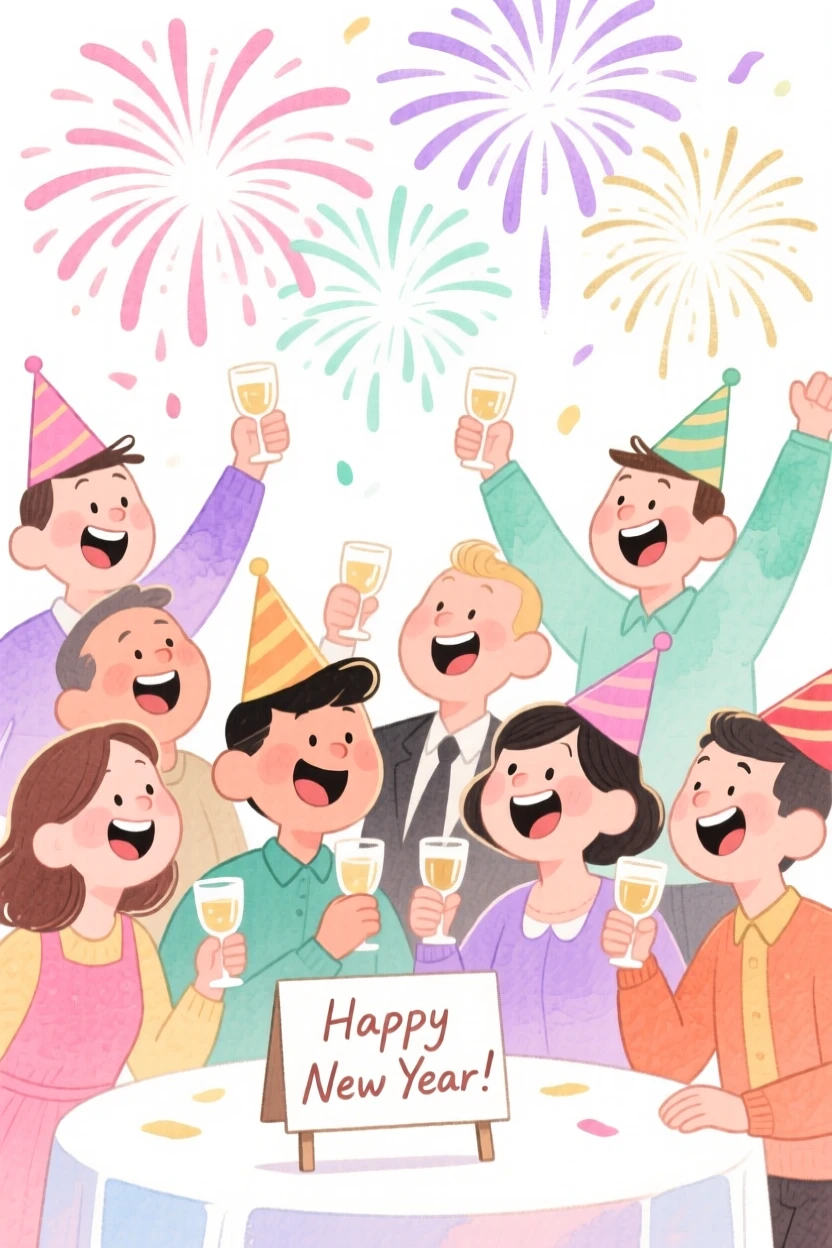 A joyful celebration scene of a New Year's Eve countdown with sparkling fireworks overhead, glowing with soft festive light