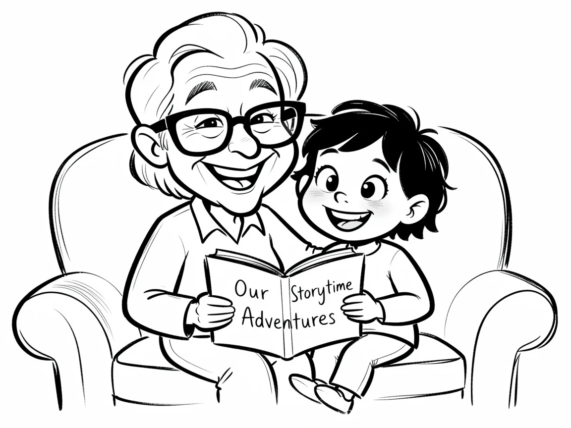 [Family & Relationship Moments] Heartwarming scene of a playful grandparent and grandchild reading together on a cozy couch, radiating love and warmth